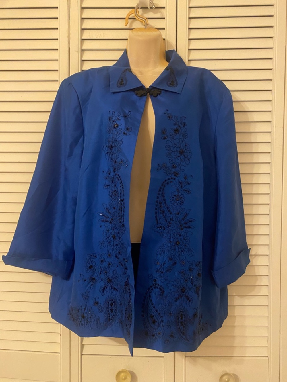 VTG Anne Carson Blue Silk Evening Jacket Beaded Embroidered Size XL Formal Party